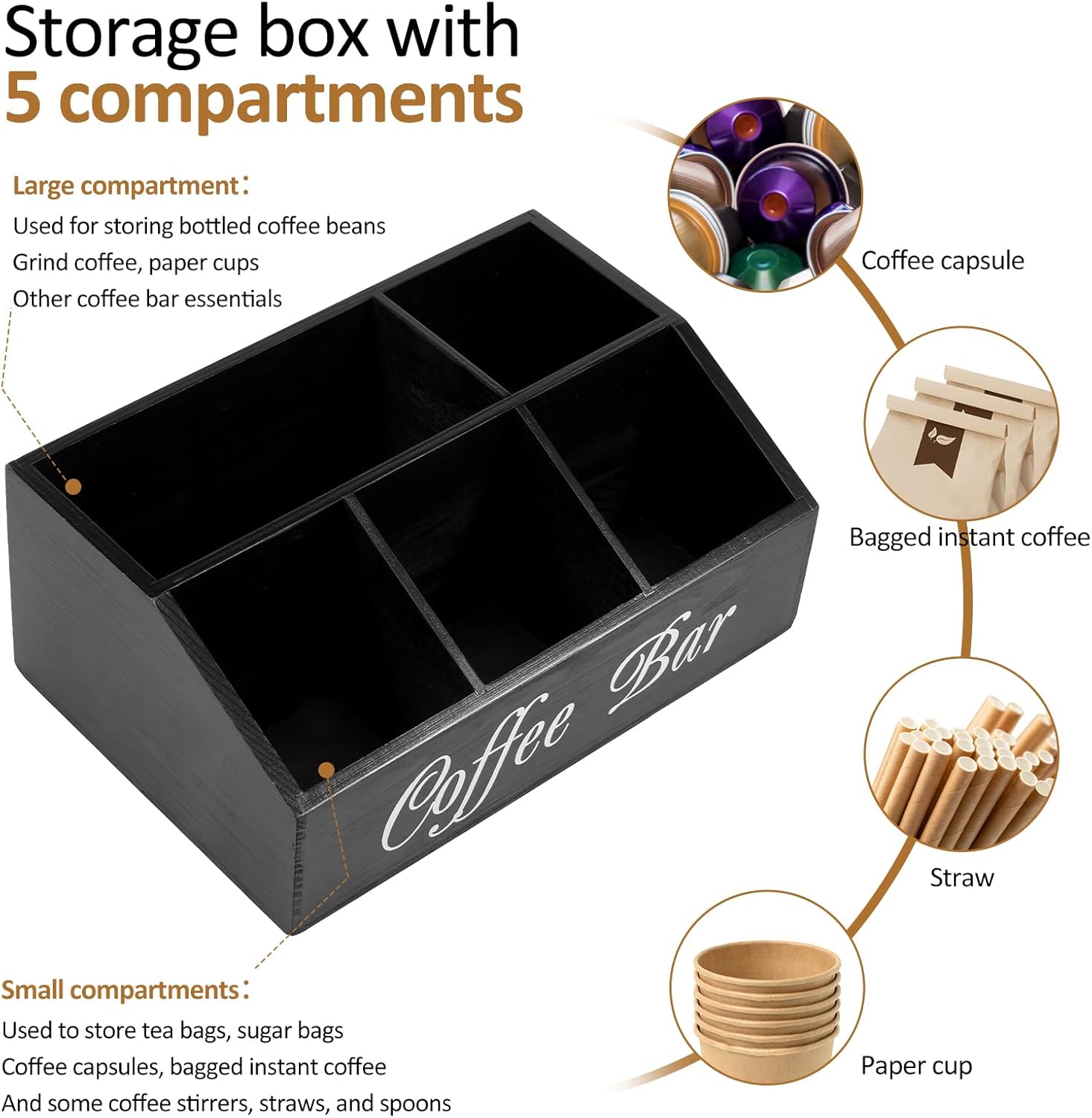 Coffee Station Organizer 5 Compartments Coffee Bar Accessories Organizer Wood Coffee Bar Organizer Vintage Coffee Storage Station Coffee Pods Holder for Countertop Coffee Bar(black)