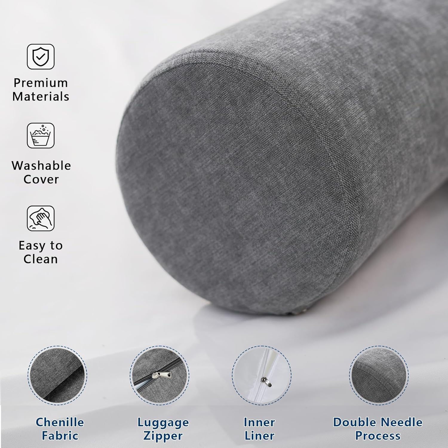 Cylindrical Bolster Pillow Long Body Pillow Side Sleeper Support Firm Bolster Pillow Removable Washable Cover (60"x7.9", Dark Grey)