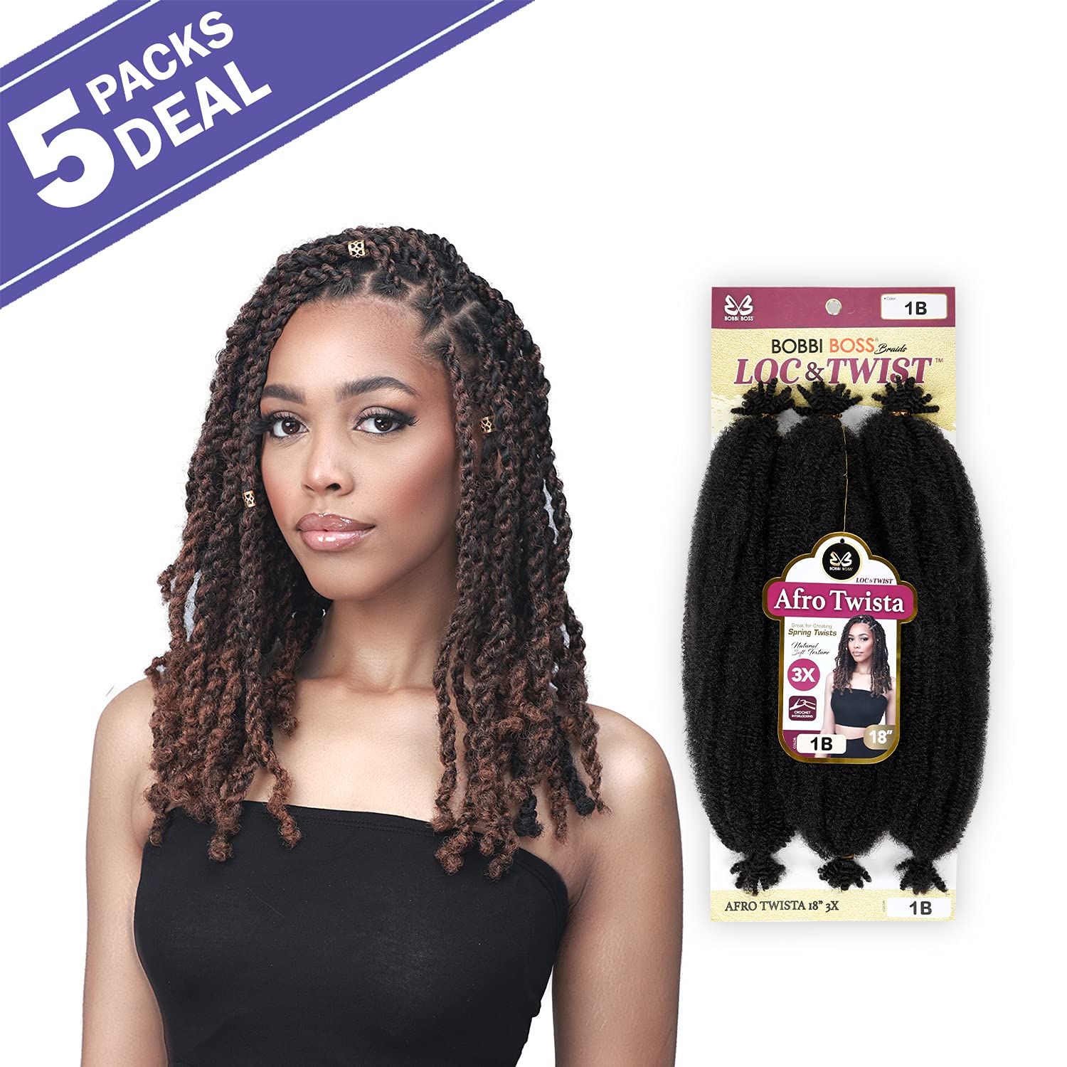 BOBBI BOSS Bobbi Boss Crochet Braids 3X Loc N Twist Afro Twista 18Inch (5-pack, 1B)