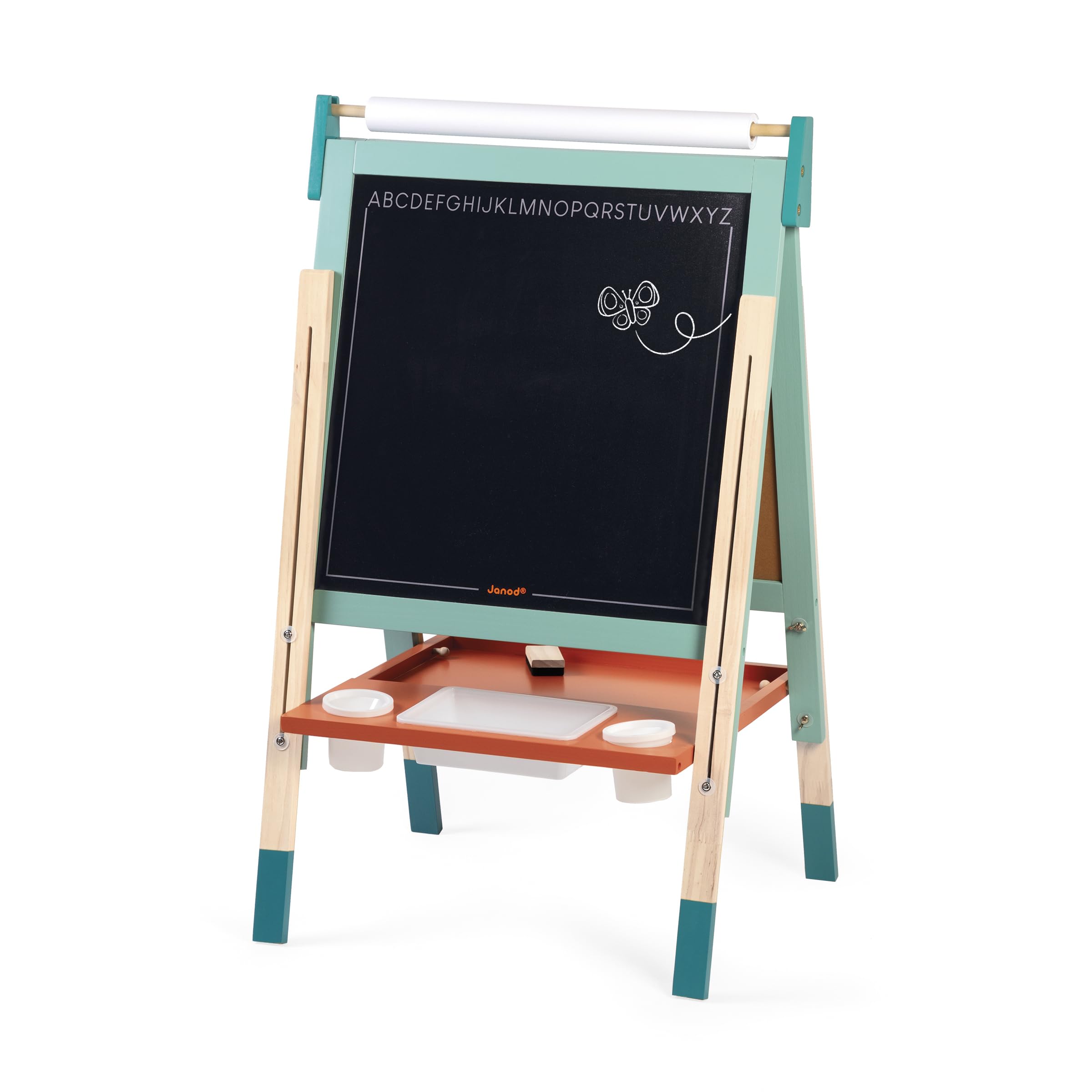 Janod J09625 - Cuadro de caballete doble cara, ajustable en altura, pizarra blanca magnética + pizarra para tiza + rollo de papel, 23 accesorios incluidos, a partir de 3 años