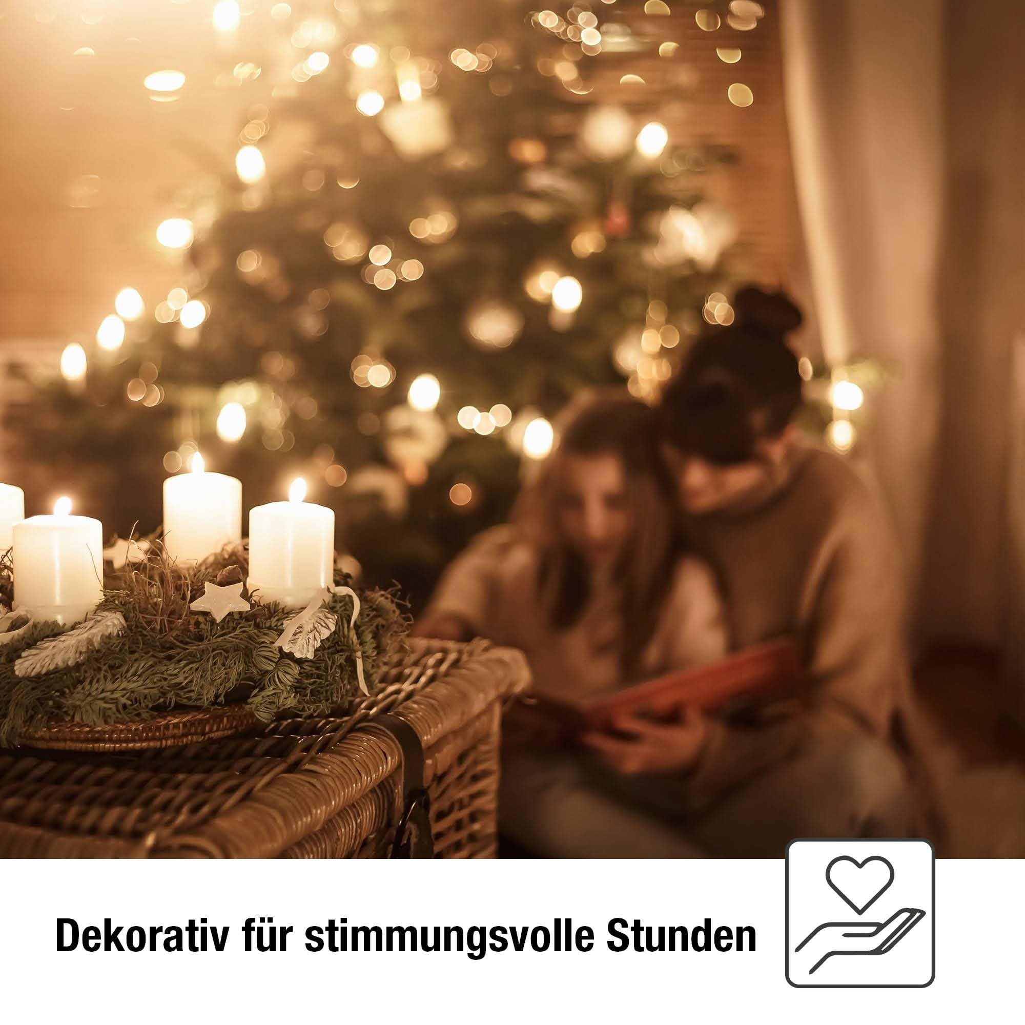 hellum Lichterkette Kerzen Weihnachtsbaum mit Wachstropfen für innen, Made in Germany, 30 Lichter mit teilbarem Stecker, 20,30 m beleuchtet, inklusive 3 Ersatzkerzen, kein LED <59lm 430257