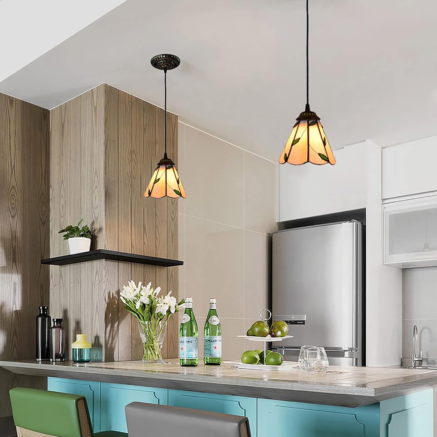 Black Friday - 80% OFF 6 Inches Tiffany Style Pendant Ceiling Light Pastoral Stained Glass Pendant Lamp Fixture for Restaurant Hallway Kitchen Bar Hanging Lighting,110-240V,E27,40W(15×90cm),A