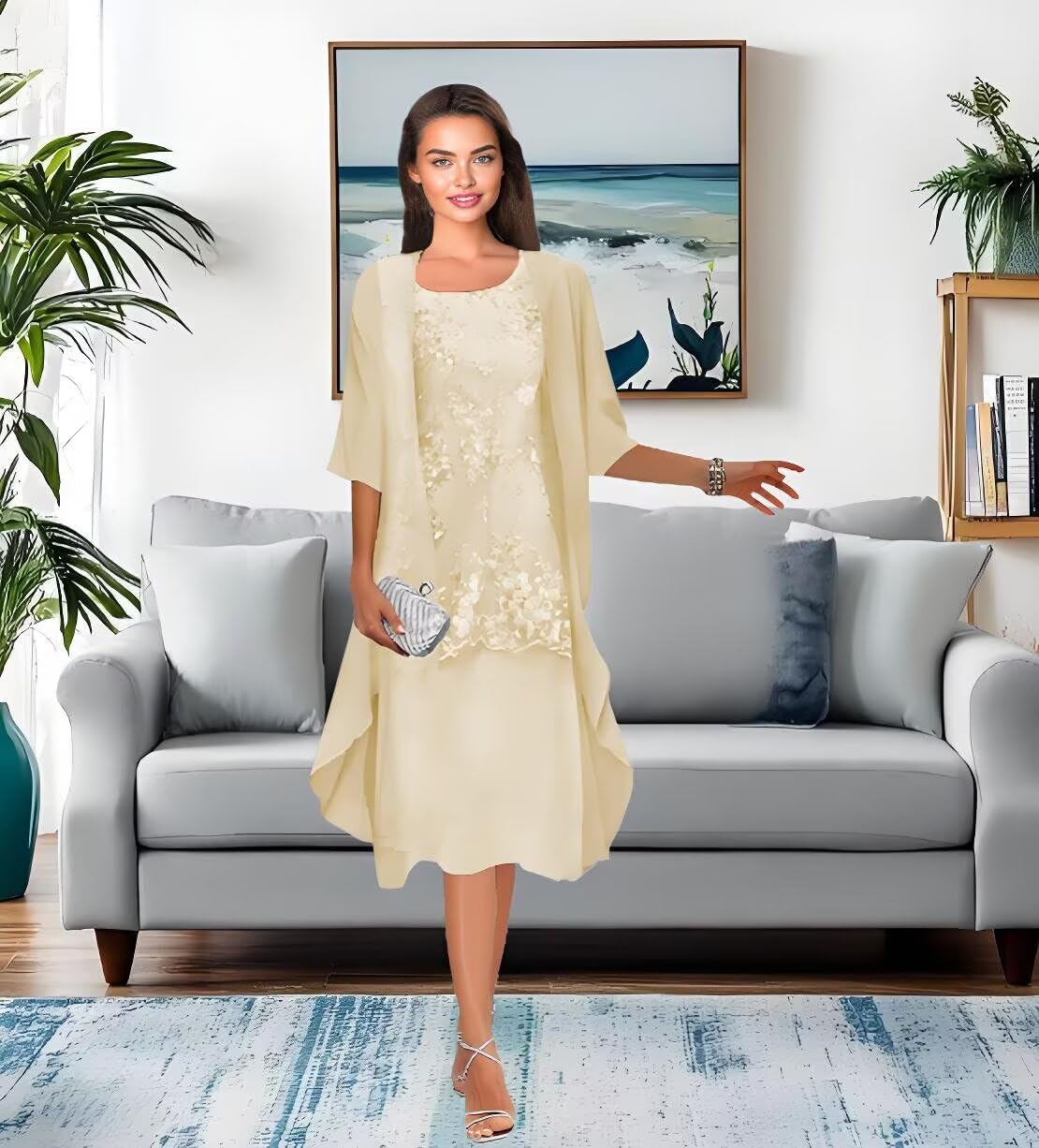 Tea-Length Mother of the Bride Dress for Chiffon Lace Draped Applique Formal Wedding Guest Dress with Jacket 2 Piece