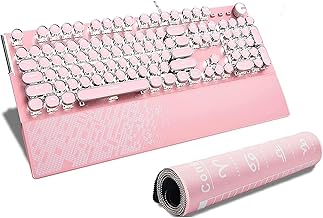 Pink Retro Typewriter Keyboard, Wired Mechanical Gaming Keyboard with Pure White Backlight, 104 Keys Retro Steampunk Vintage Keyboard with Blue Switches, Metal Panel Round Keycaps (Pink)