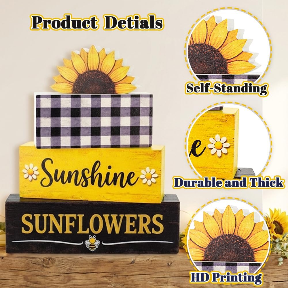 4 PCS Sunflower Decorations- Summer Bee Tiered Tray Decor ，Sunflowers Home Wooden Sign Set, Summer Table Centerpiece Decor for Coffee Table, Fireplace Mantel, Shelf Decor
