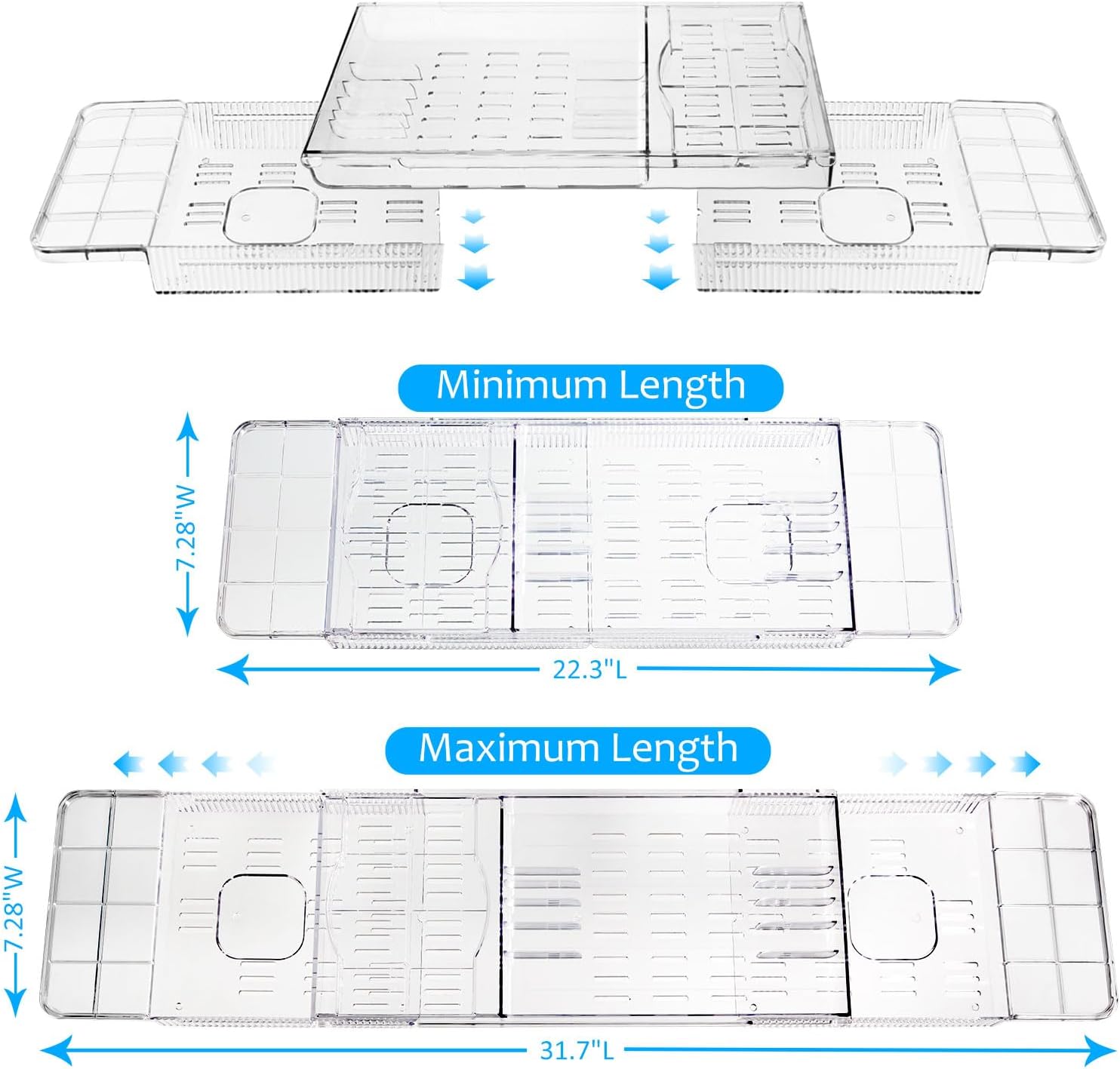 Expandable Bathtub Tray for Tub, Clear Acrylic Bath Caddy with Anti-Slip Design, Waterproof Bathroom Storage, Bath Organizer for Women, Fits Most Tubs up to 31.7" Ideal for Women and Adults