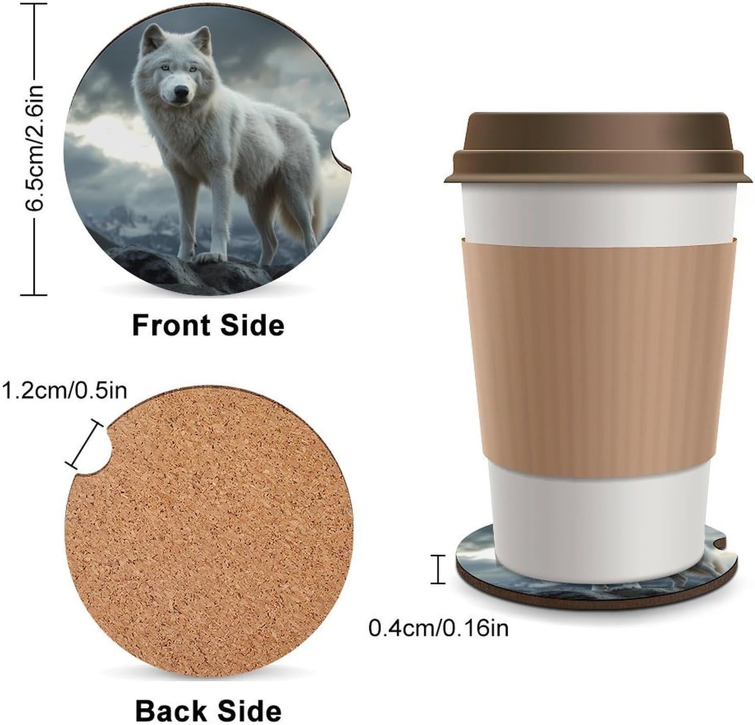 Wolf on Mountain Top Car Cup Holder Coaster with Cork Base 2.6 Inches Anti Slip