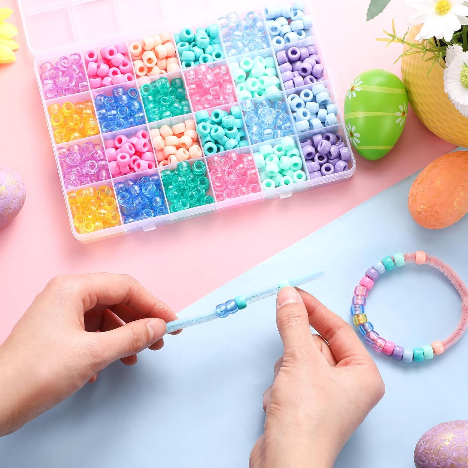 Daifunli 1200 Pcs Candy Pastel Color Pony Beads Bulk with 120 Pcs 12 Inch Multi Colored Pipe Cleaners Chenille Stems Fuzzy Sticks Seed Beads for Hair Bracelets Jewelry Making Easter Decorations