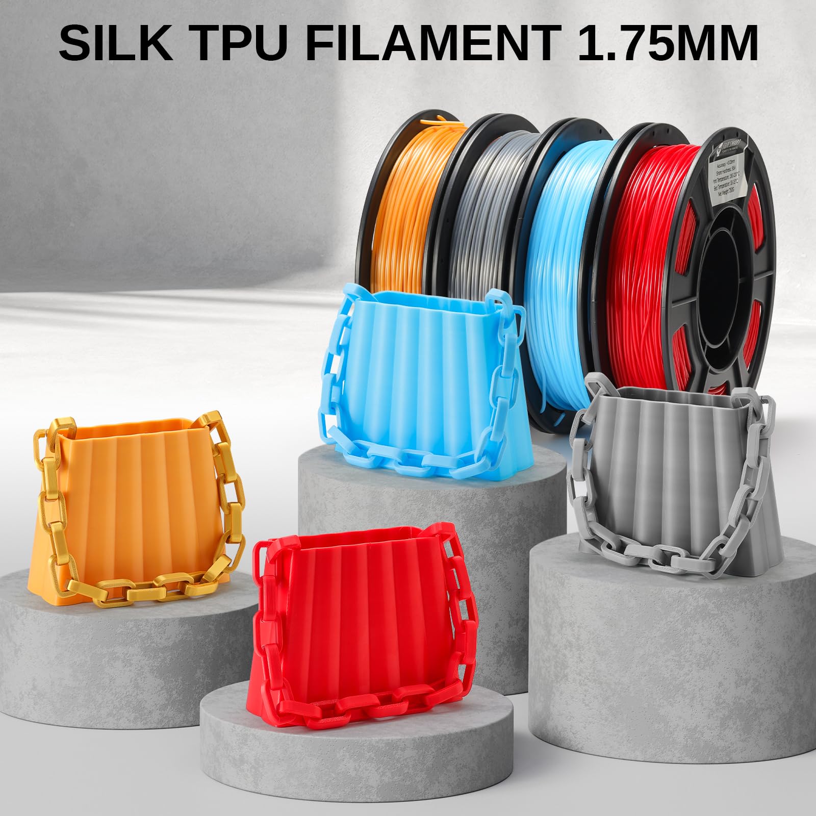 Zestaw filamentów SainSmart Silk TPU, elastyczny filament TPU do drukarek 3D 95A, 1,75 mm, błyszcząca powierzchnia jedwabista, zestaw 4 x 250 g, złoty, ciemnosrebrny, niebieski, czerwony