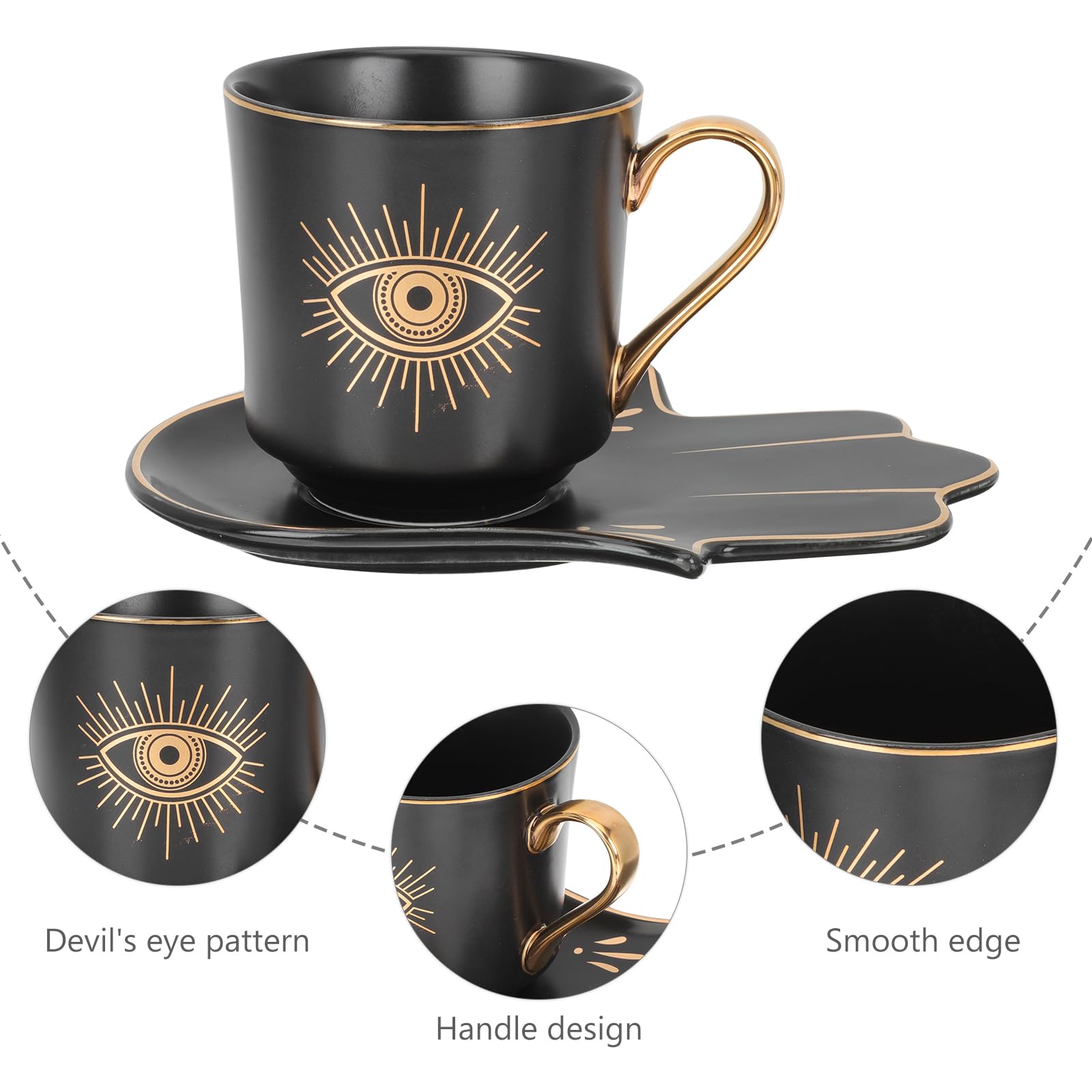 Turkish Coffee Cup & Saucer Set | Evil Eye & Hamsa Hand Design | Ceramic Espresso Cups | Home Cafe Decor Gift