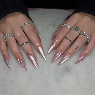 SINHOT Stiletto Press on Nails Long Fake Nails Glossy Glue on Nails Cat Eye Acrylic Nails Nude Pink Almond Artificial Nails Stick on False Nails with Design 24 pcs