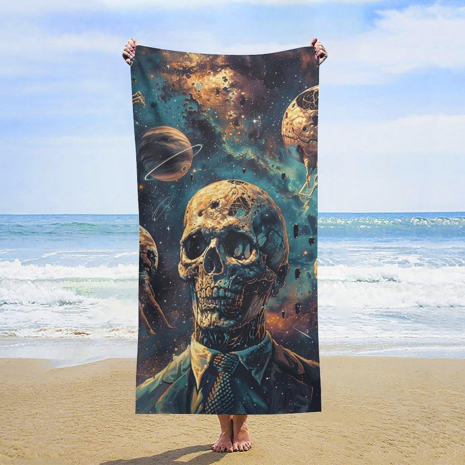 NTVOWPZO Skull Face Man in Space Beach Towel Oversized Microfiber Bath Towels Lightweight Sand Proof Beach Towels Absorbent Pool Towels for Swimming Yoga Bathroom Towel 31.5" X 63"