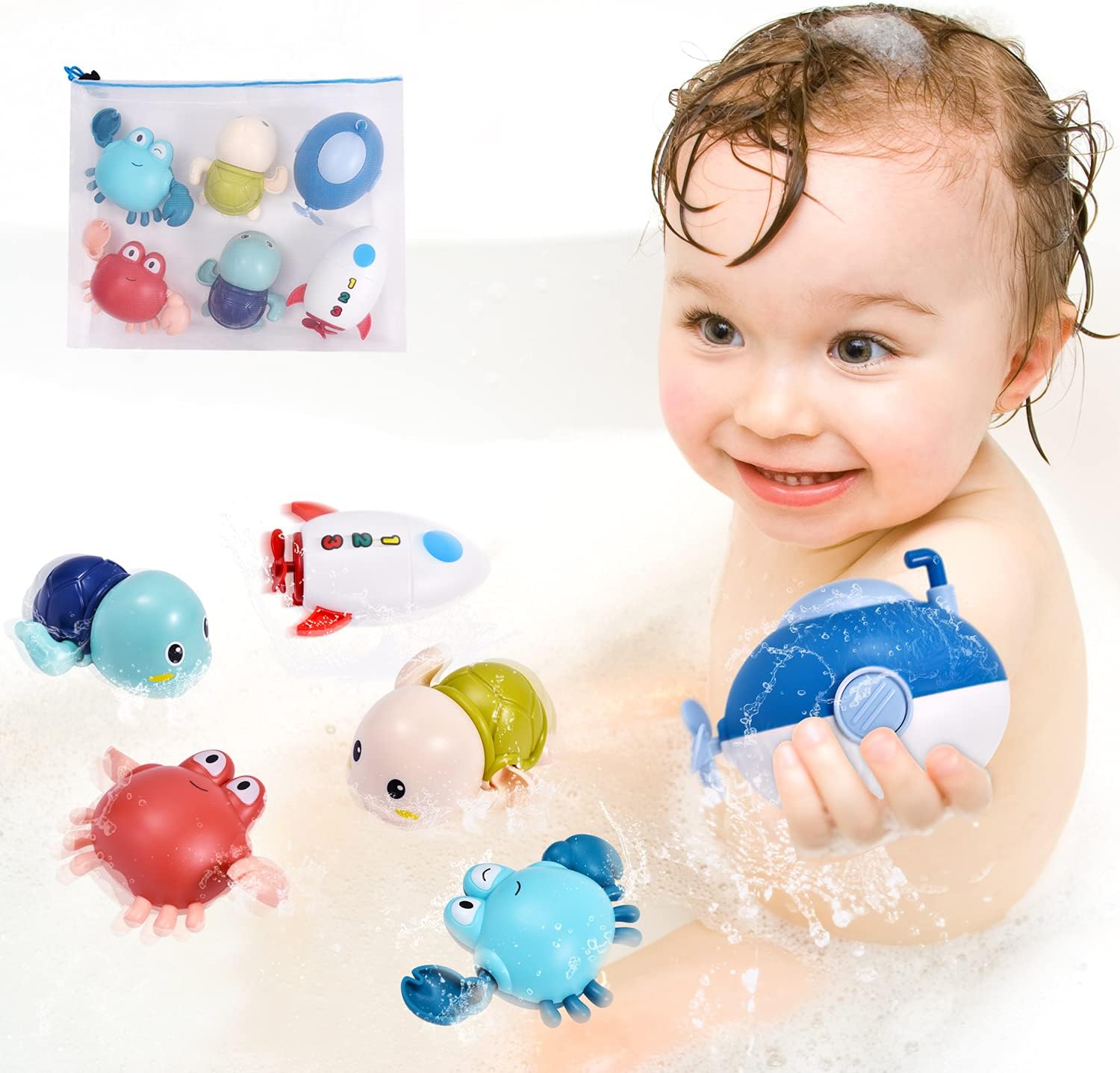 TOHIBEE Bath Toys, 6 Pcs Bath Toys with Bathtub Toys Storage Bag Bath Toys for Toddlers 1-3 Baby Bath Toys Set Christmas Birthday Gifts for 1 2 3 4 5 Year Old Boy Girl : Toys & Games