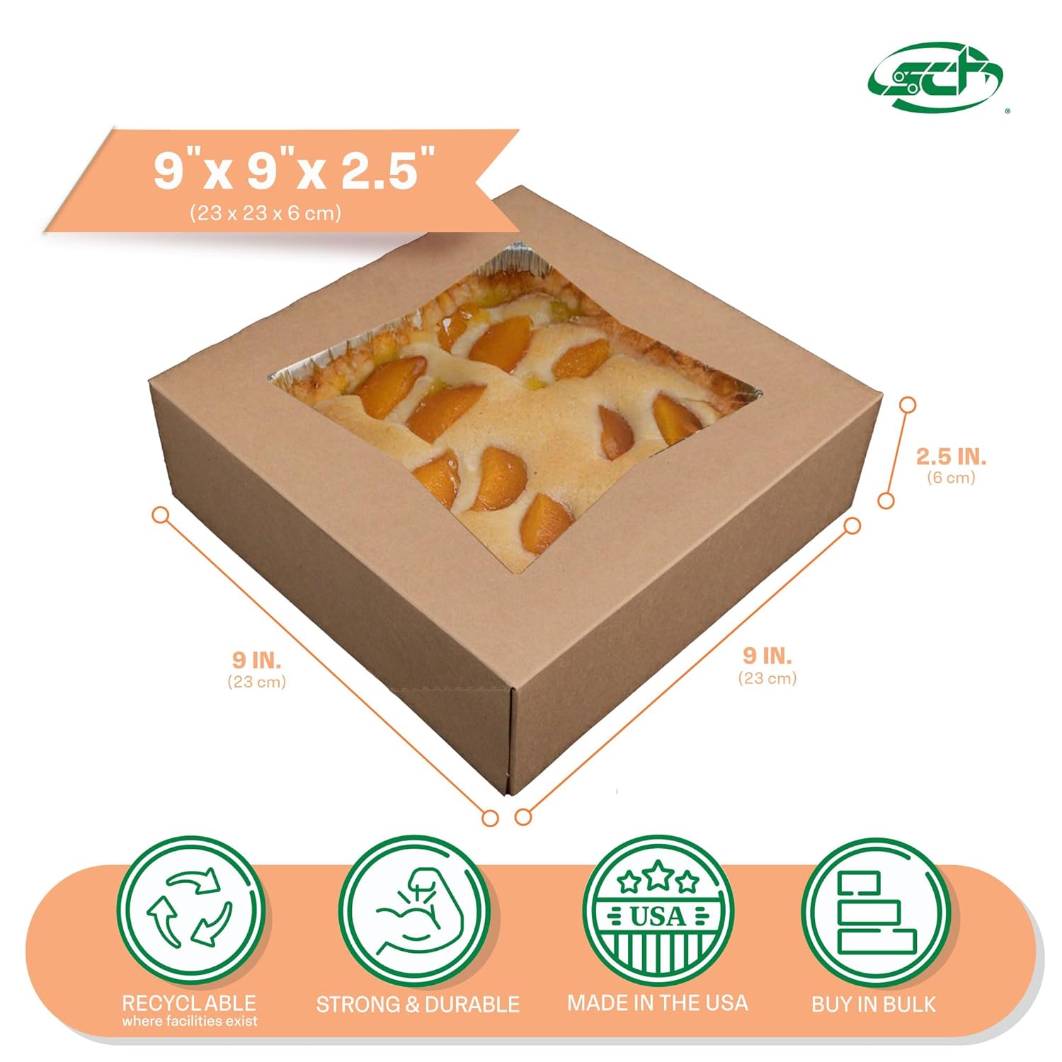 SCT Kraft Window Bakery Boxes, 9 x 9 x 2.5, Brown, Paper, 200/Carton