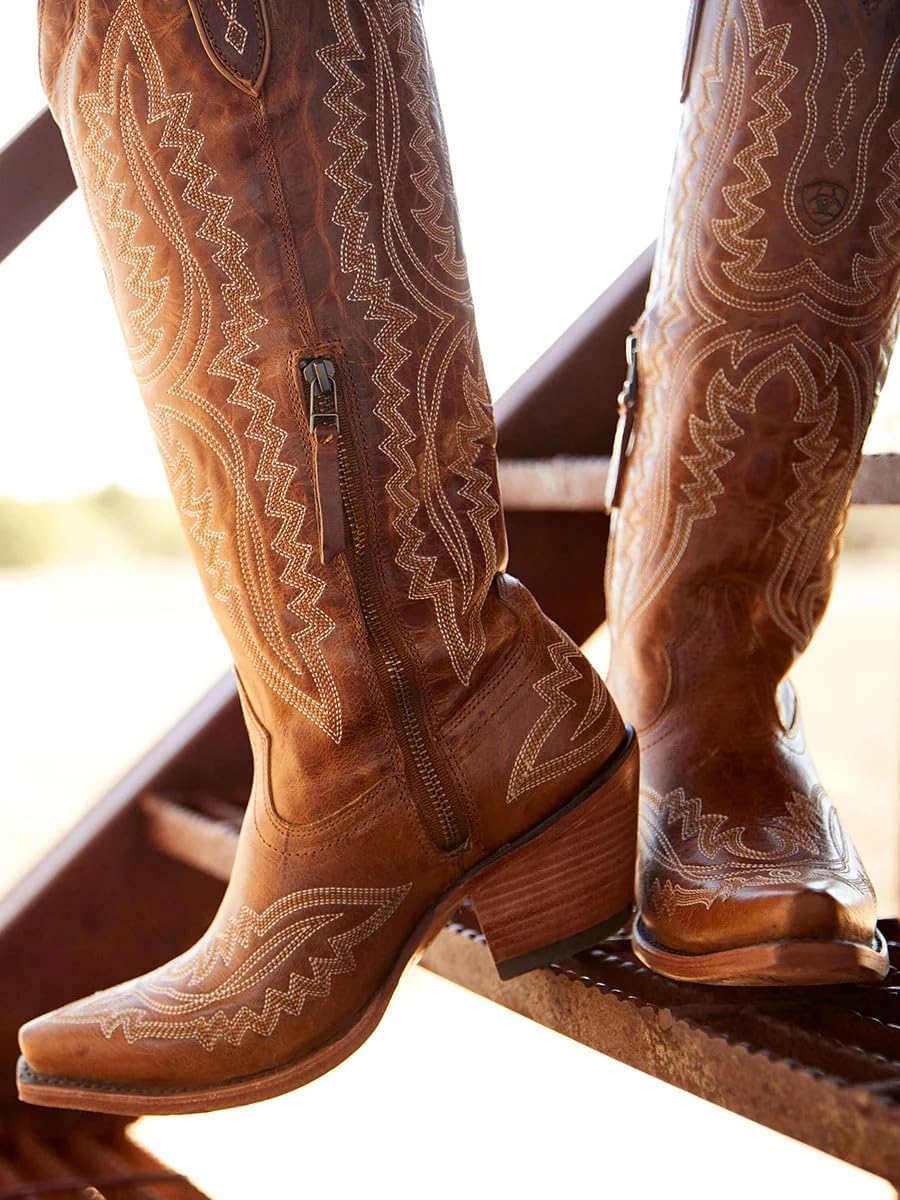 UniqueStride Women's Knee High Cowgirl Boots Western Cowboy Embroidery Chunky Heel Side Zipper Snip Toe Riding Biker Motorcycle Wide Calf Tall Boot(Brown, US size 11)