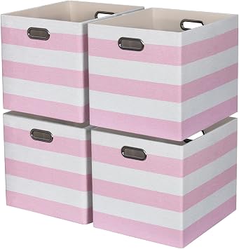 13x15x13 Storage Cube Bins, Foldable Storage Cubes, Fabric Organizer Basket Bin, Striped Containers Decorative Storage Boxes for Shelves Wardrobe Closet Home Office, 4 Pack, Pink/White