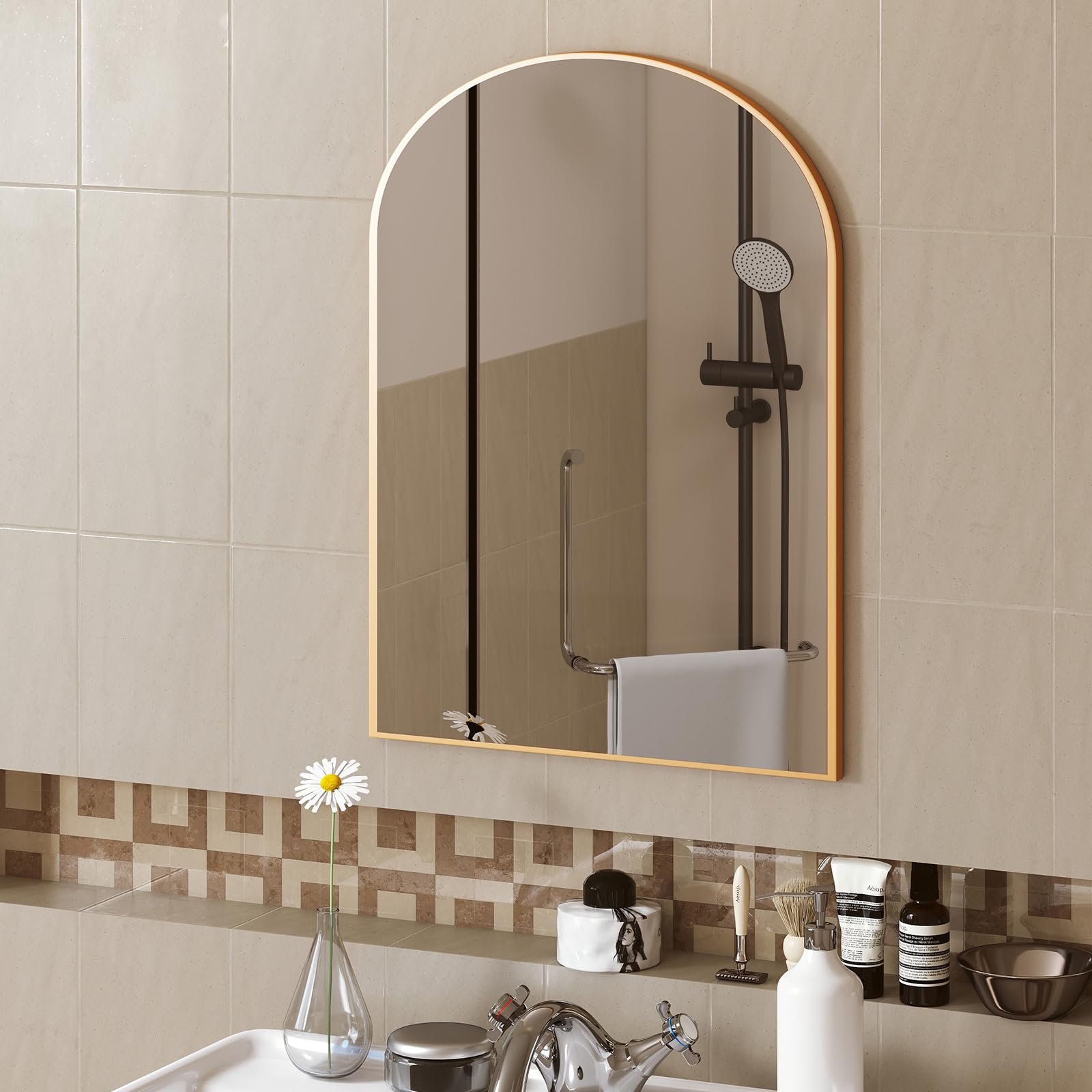 DUMOS Gold Metal Arch Vanity Rounded Rectangle Bathroom Mirrors for Over Sink Wall, 21x30 Inch Large Matte Mirror, Modern Decorative for Restroom, Farmhouse