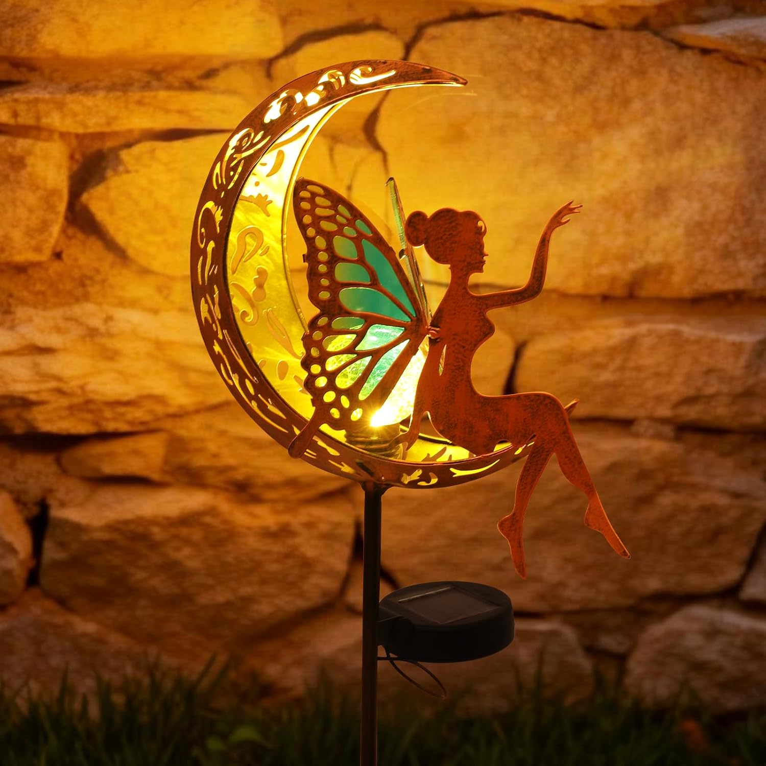 Solar Garden Statues Outdoor Decor with Butterfly Fairy & Moon, Cracked Glass Solar Light Stake, Gradient Wings, Gift for Mother's Day, Housewarming, Pathway & Patio Decor for Yard, Lawn & Garden