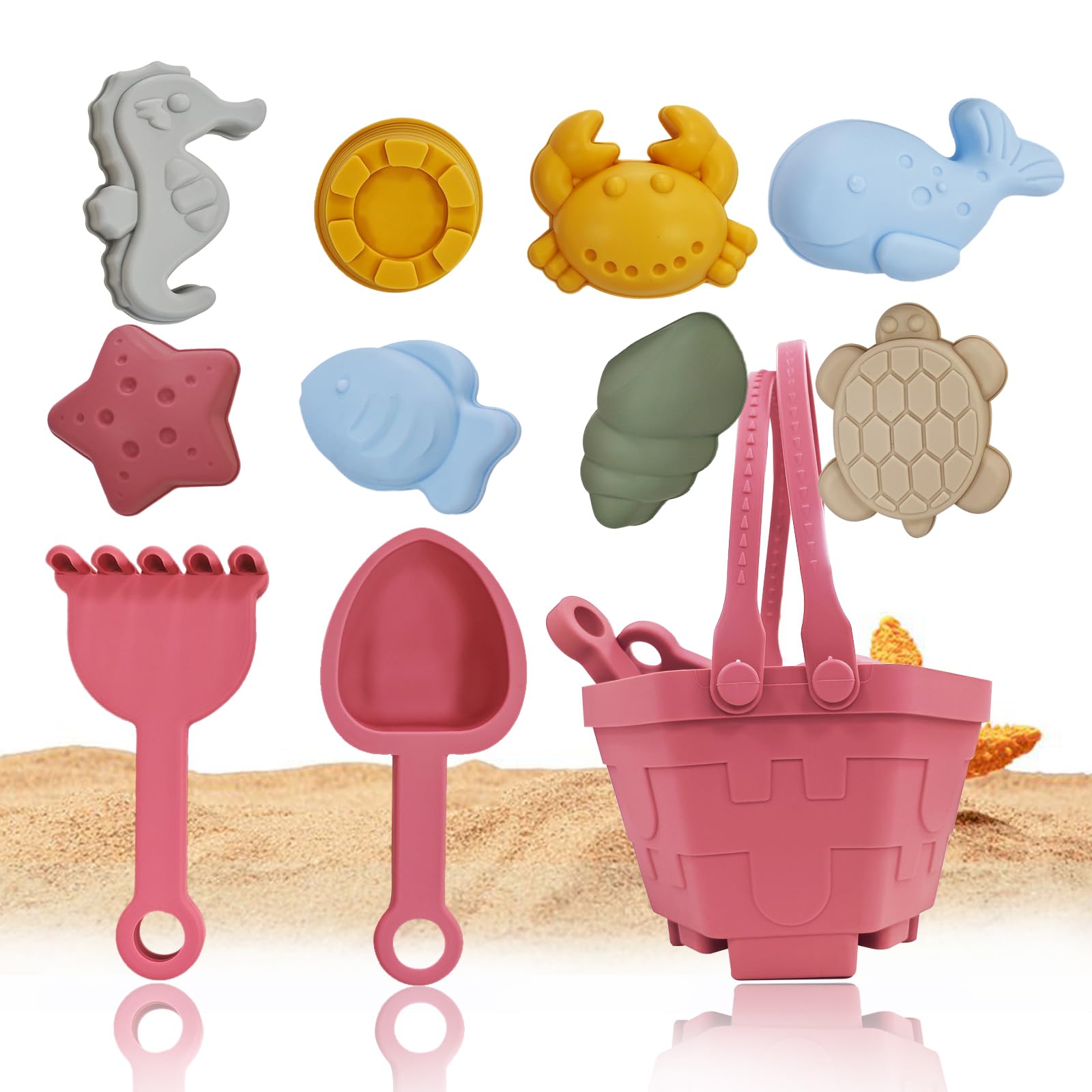 Juguetes Playa, 11 Piezas Juguetes de Arena de Playa Silicona, Juguetes Playa Bebe, Juguetes Playa Niños con Cubo, moldes de Arena,Juguete de Exterior Regalo para Niño Niña