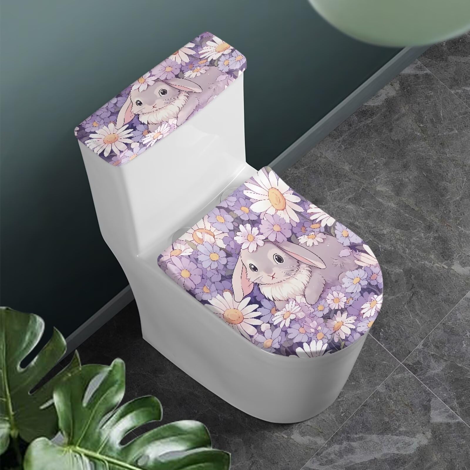 Gzzxiailg Rabbit Daisy Toilet Lid Dust Cover and Toilet Tank Lid Cover Anti-Slip Elastic Edge Toilet Lid Covers for Bathroom Accessories Decor Not Easy to Fade and Not Easy to Pilling