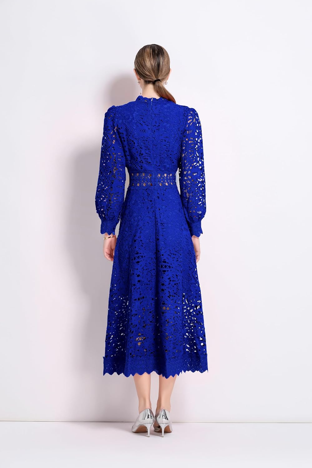 LAI MENG FIVE CATS Women's Puff Long Sleeve Crew Neck Hollow A Line Empire Waist Cocktail Flowy Maxi Dress - Image 4