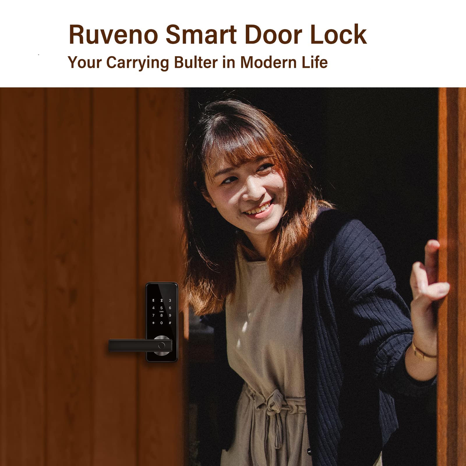 Ruveno Serrure de porte intelligente à empreinte digitale, niveau de porte d'entrée sans clé, sécurité d'accès Bluetooth APP pour la maison(noir)