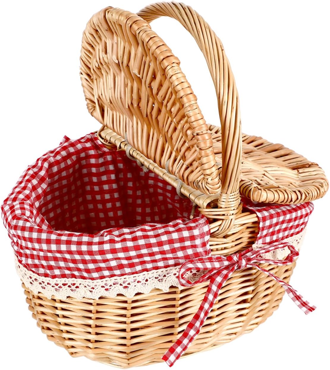 PATKAW 1 PCS Picnic Basket, Wicker Easter Hamper with Liner, Natural Willow Woven Baske·t with Folding Handles, Empty Gift_Basket for Easter Eggs, Candy, Flower, Wedding and Outdoor Events