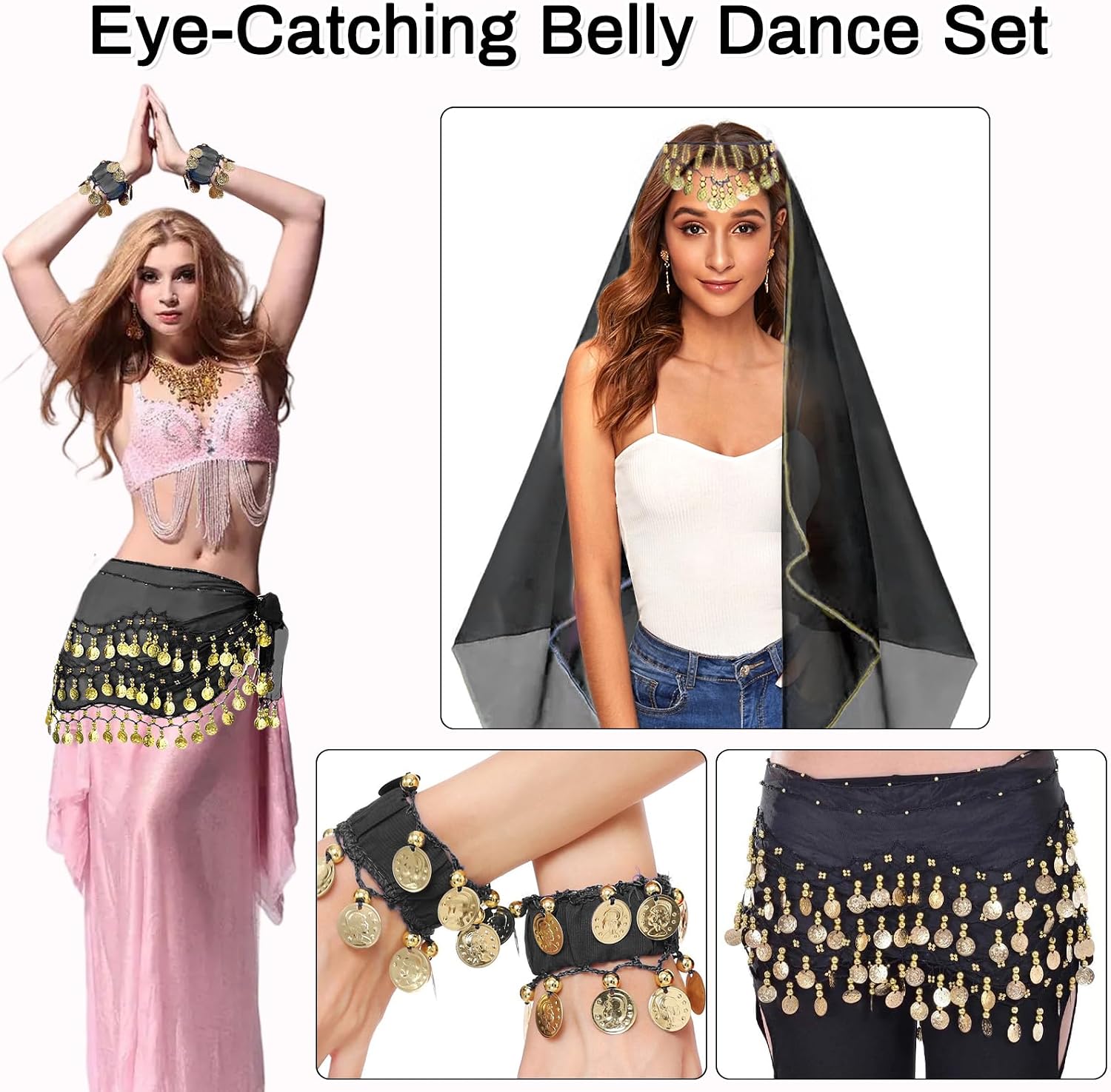 4Pcs Belly Dancer Outfit Sets, Chiffon Head Scarf,Belly Dance Hip Scarf, 2 Coin Wrist Bracelets, 50 Bobby Pins