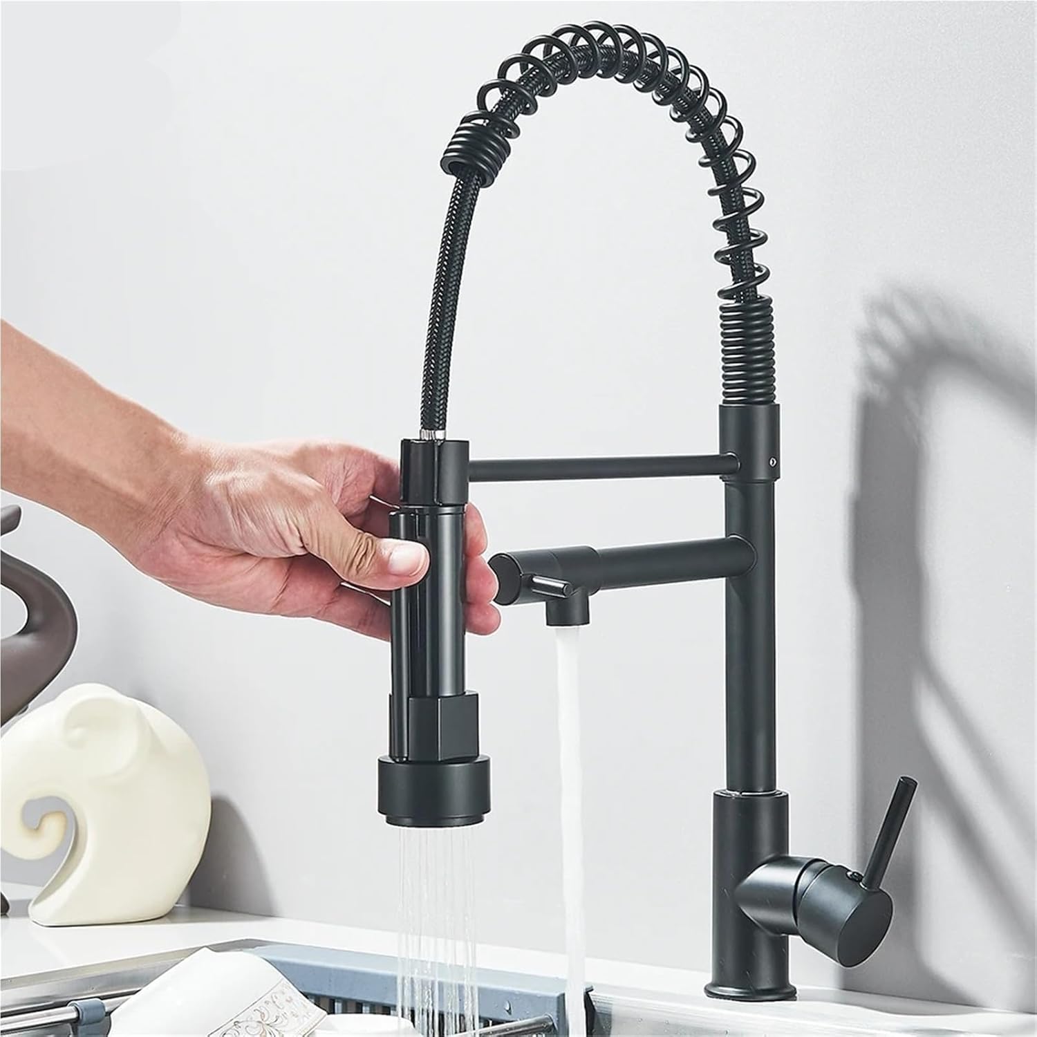 スプリングキッチンシンク用蛇口 プルダウンスプレー シングルレバー 温水・冷水混合水 キッチンシンク用 デュアルスパウト蛇口(Bru