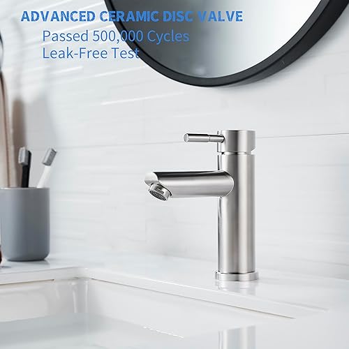 Miniatura 5 de Grifo de lavabo de baño de una sola manija, níquel cepillado, moderno grifo de baño de un solo orificio, grifo de lavabo comercial de acero