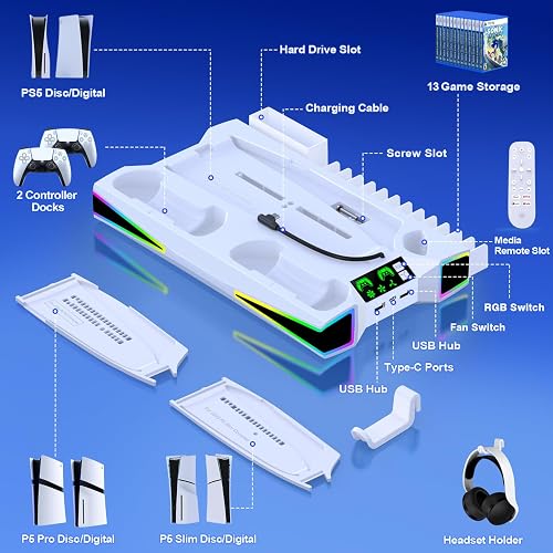 PS5/Slim/Pro Stand and Cooling Station with LED Controller Charging Station for Playstation 5 Console, 2H Fast PS5 Controller Charger, PS5 Accessories with 3 Levels Cooling Fan/Headset Holder - 7