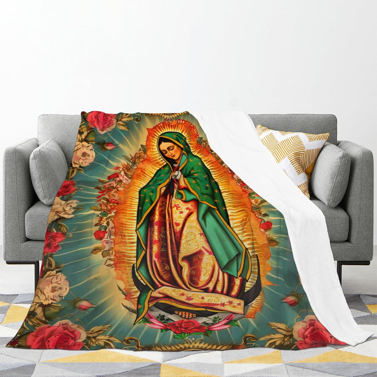 Virgen de Guadalupe Blanket Manta de la Virgen Maria Blanket Christians Prayers Blankets Mary Mother of God Jesus Catholic Blankets Cozy Soft for Couch Sofa ​Bed Christmas Decor 60"X80"