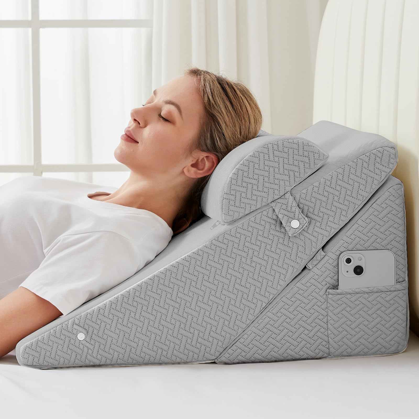 Sasttie Wedge Pillow Set for After Surgery, Adjustable Bed Wedge Pillow Headboard with Orthopedic Memory Foam Neck Cushion โ for Acid Reflux, Sleeping, Neck & Back Support, Light Grey