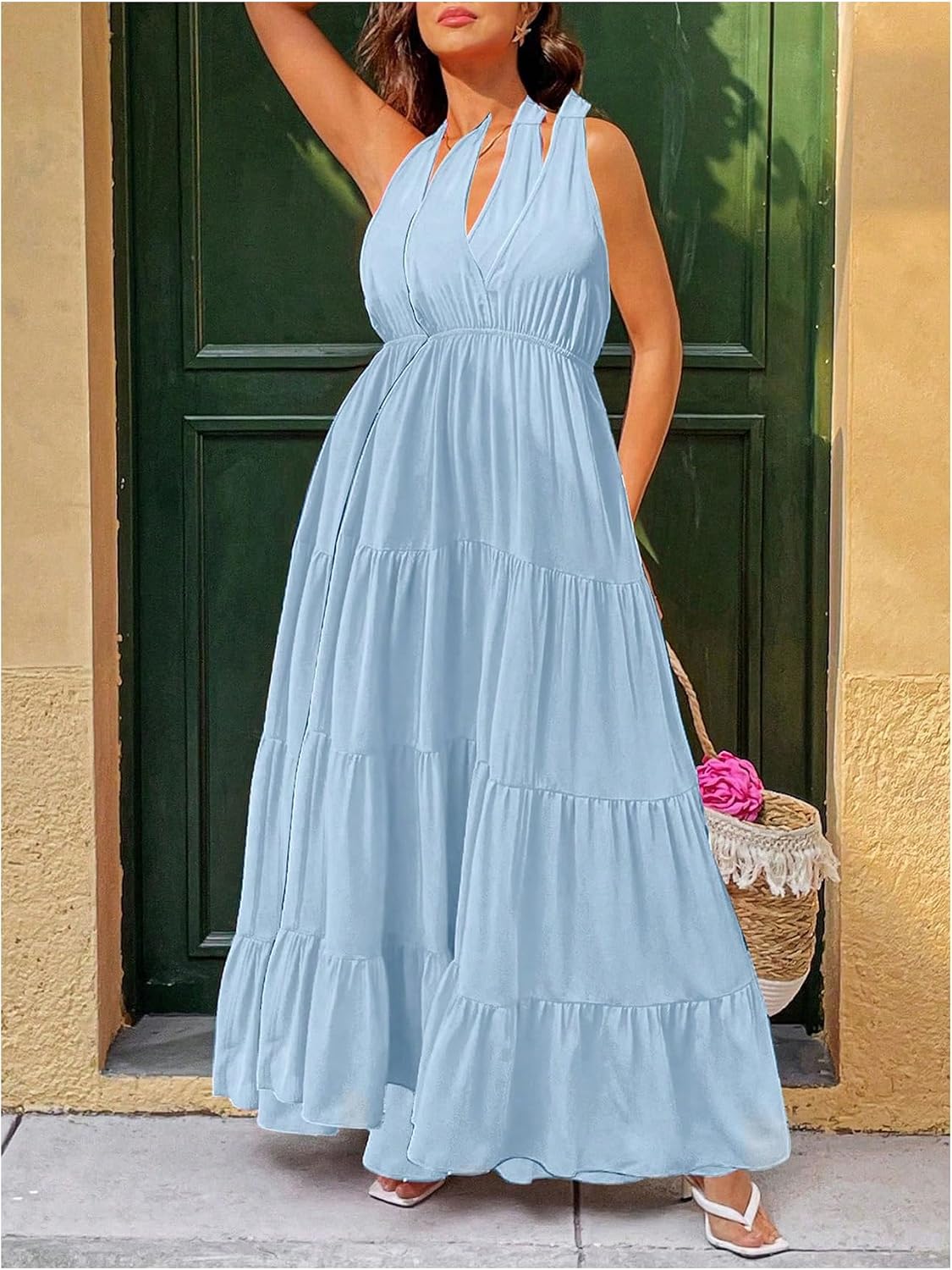 Milumia Women's V Neck Open Back Halter Dress Sleeveless Layered Summer Vacation Maxi Dresses