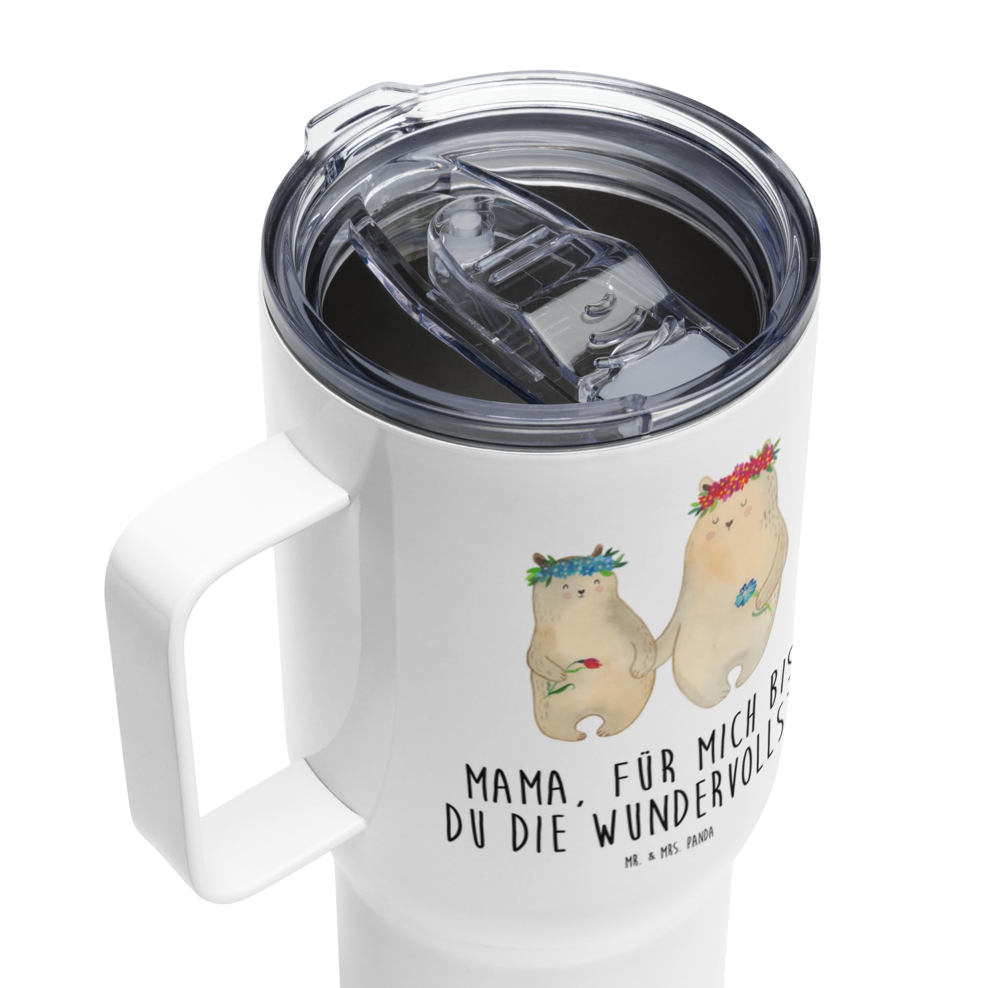 Mr. & Mrs. Panda Kaffee-to-go-Becher Bären mit Blumenkranz - Geschenk, Familie, Töchter, Lieblingsmensch, Kinder, To-Go-Becher, Thermobecher, Muttertag, thermosbecher, Mehrwegbecher, Teetasse, Mama