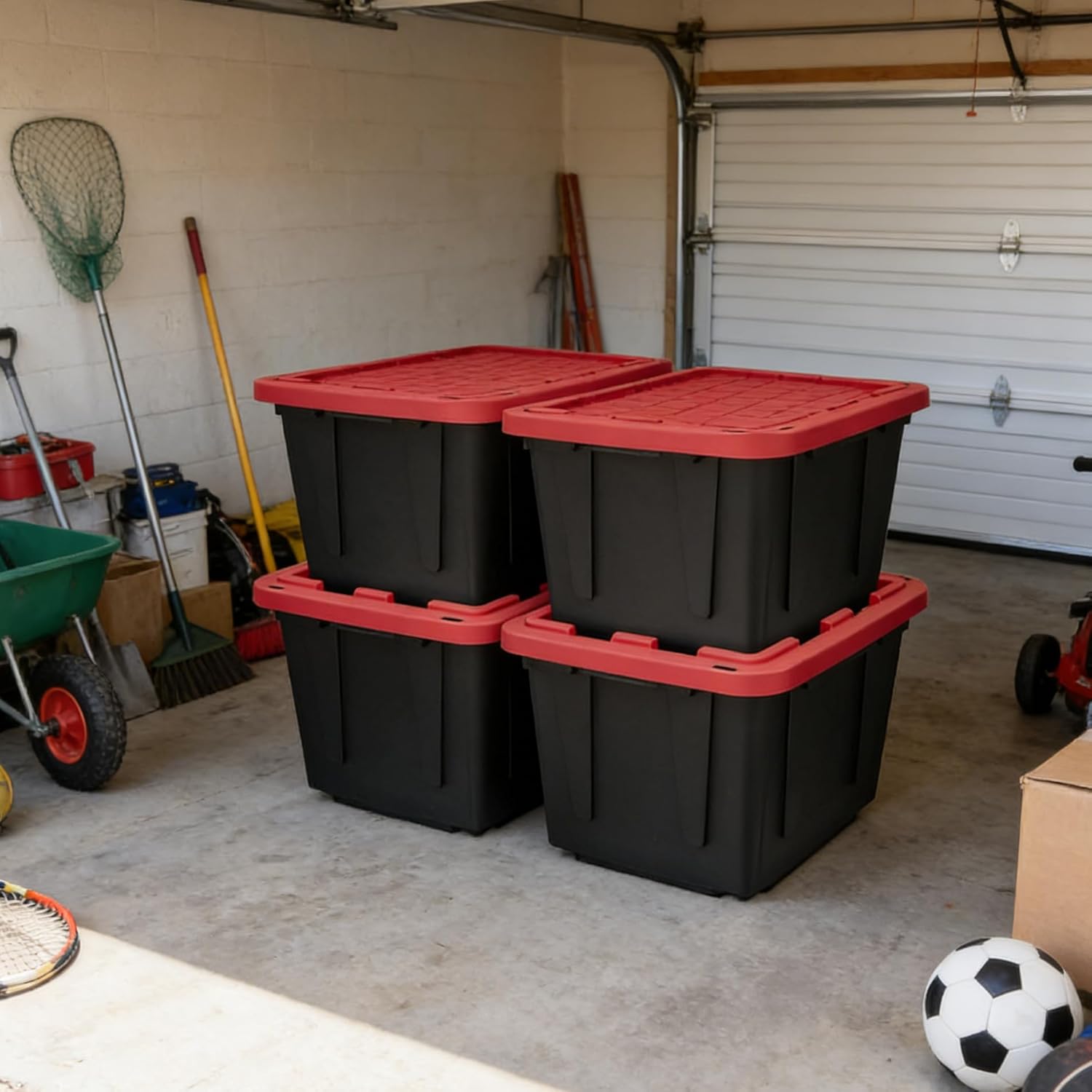 (4-Pack) 27 Gallon Large Storage Bin with Snap-On Lid, Heavy-Duty Plastic Storage Container, Stackable Organizer Box for Home, Garage, Closet - Pack of 4, Black with Red Lid