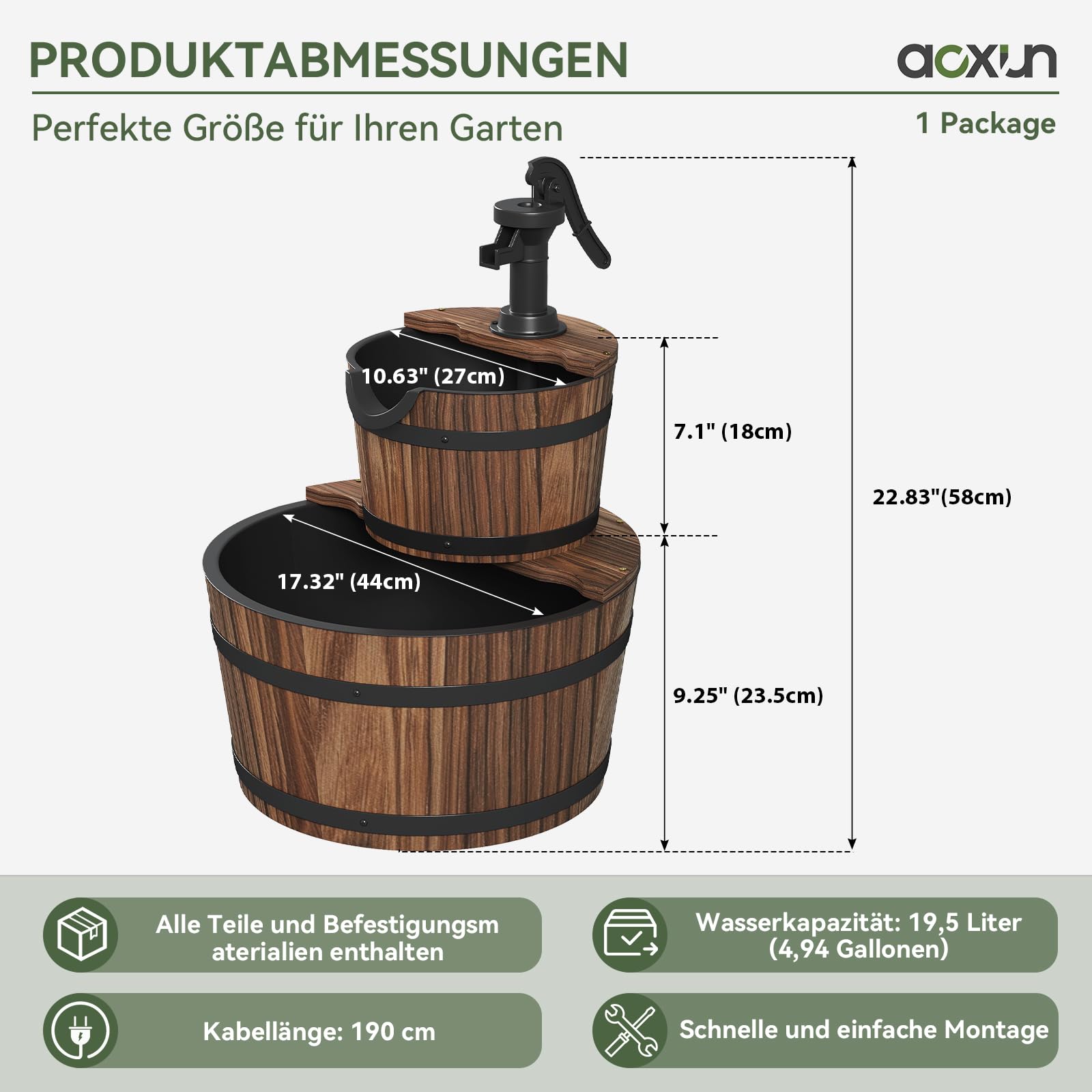 Aoxun Brunnen Holz, Gartenbrunnen mit Pumpe, Holzbrunnen Holzfass Zierbrunnen, für Springbrunnen Gartendeko, Garten Rasen Terrasse Hinterhof, 44,5 x 61 cm, Braun