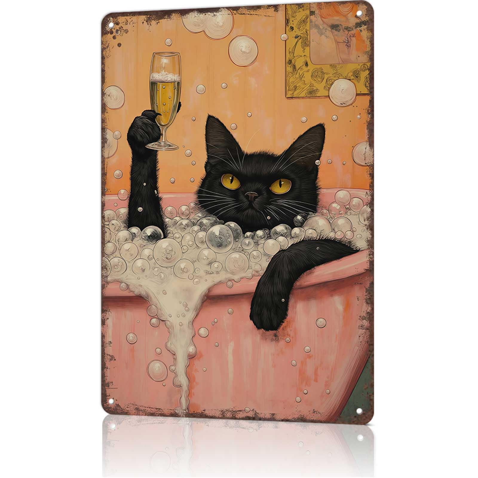 peiyeety Vintage Metal Sign Funny Black Cat Drinking & Bathing In Pink Bathtub - Cute Cat Bathroom Decor Metal Tin Sign, Aluminum Poster Plaque For Bathroom 8x12 Inches