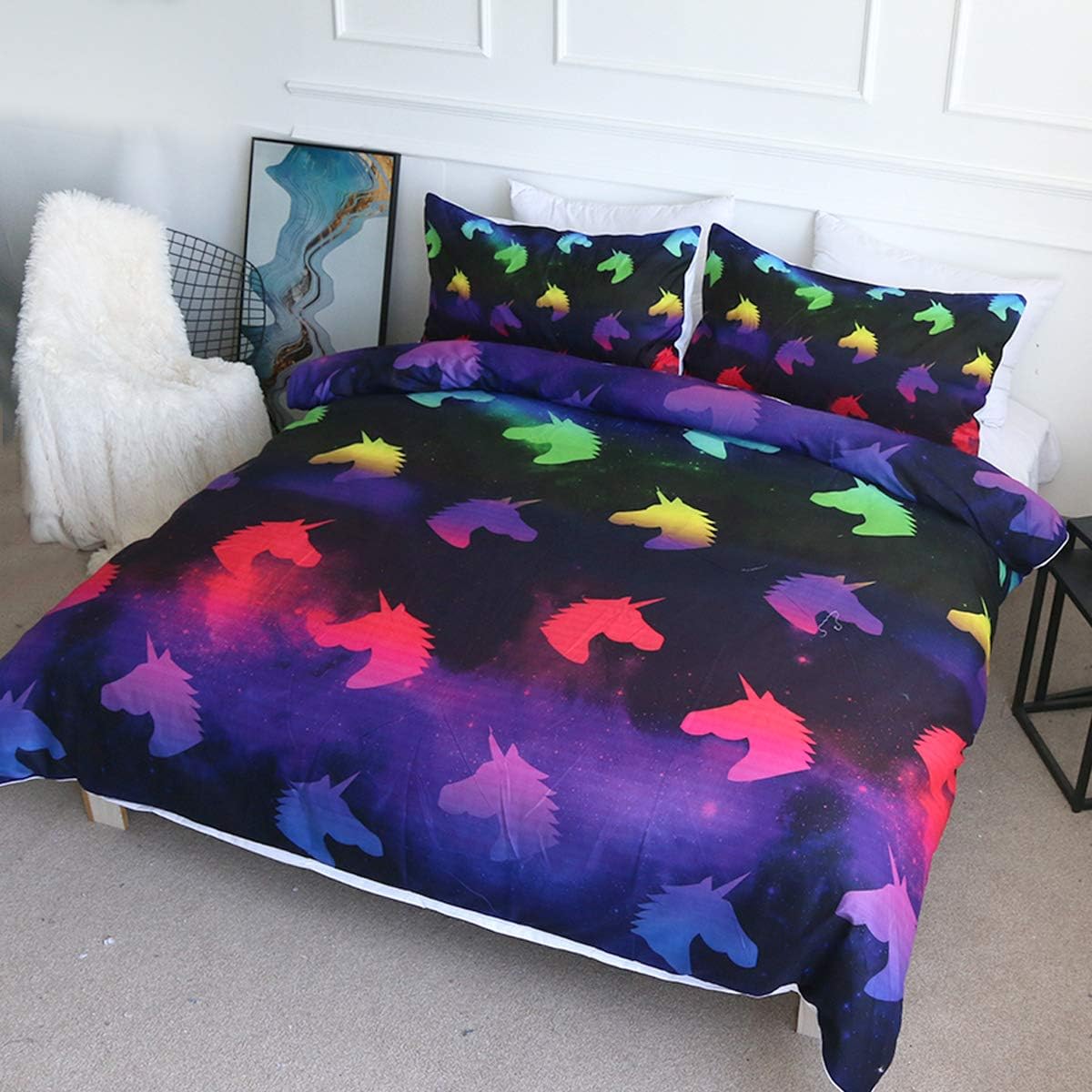 BlessLiving Colorful Unicorn Bedding 3 Piece Rainbow Space Duvet Cover Set Cartoon Unicorn Bedspreads Teal Purple Pink Galaxy Unicorn Bed Set (Full)