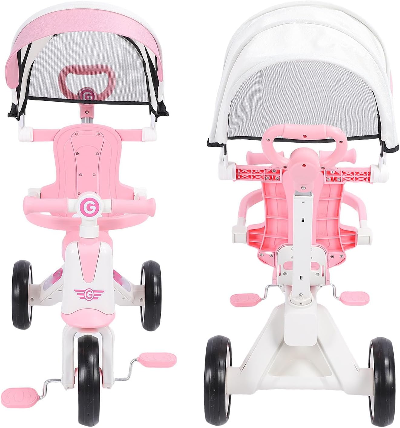 Baby Tricycle Push Handle Toddler Trike with Adjustable Height Removable Footrest Enlarged EVA Wheels for 18 Months to 5 Years Boys Girls (Roseate)