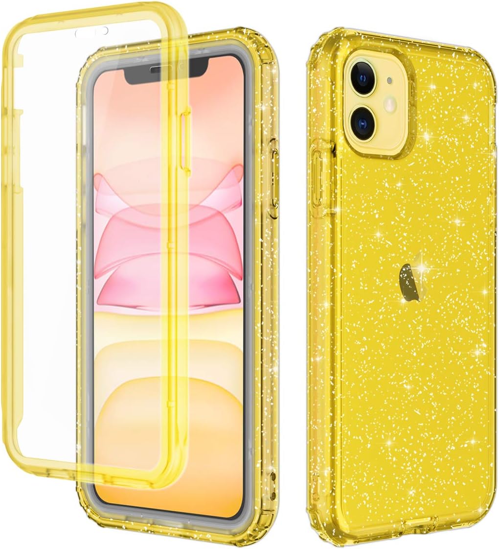 Casetego Compatible with iPhone 11 Case,360 Full Body Dual Layer Slim Crystal Transparent Case with Built-in Screen Protector for Apple iPhone 11 6.1 inch,Glitter Yellow Crystal