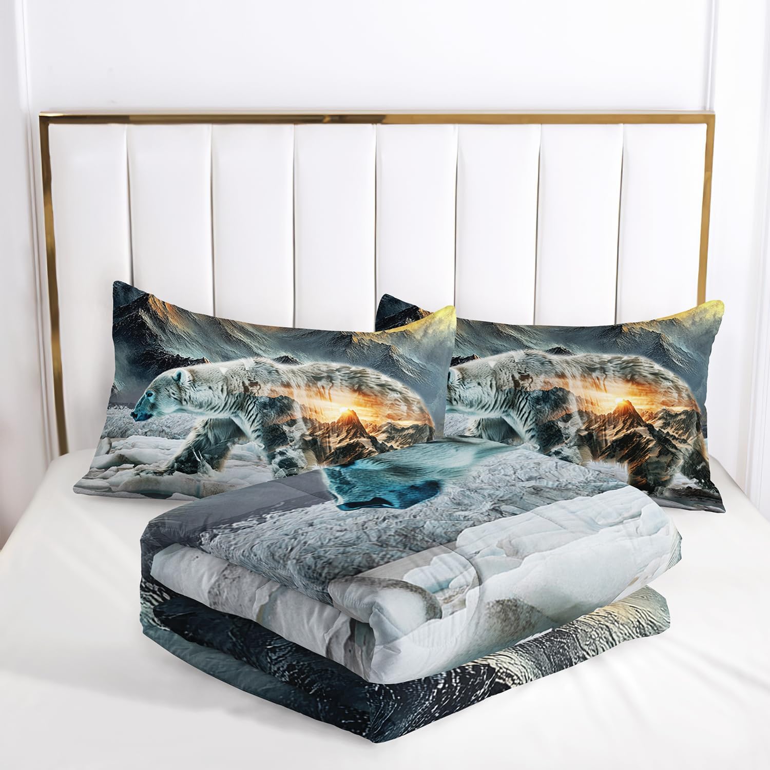 AILONEN 3D Polar Bear Comforter Set Queen Size,White Bear Icebergs Bedding Set for Boys Girls,Snow and Ice Atctic Animal Print Duvet Set Room Decor,1 Comforter + 2 Pillowcases