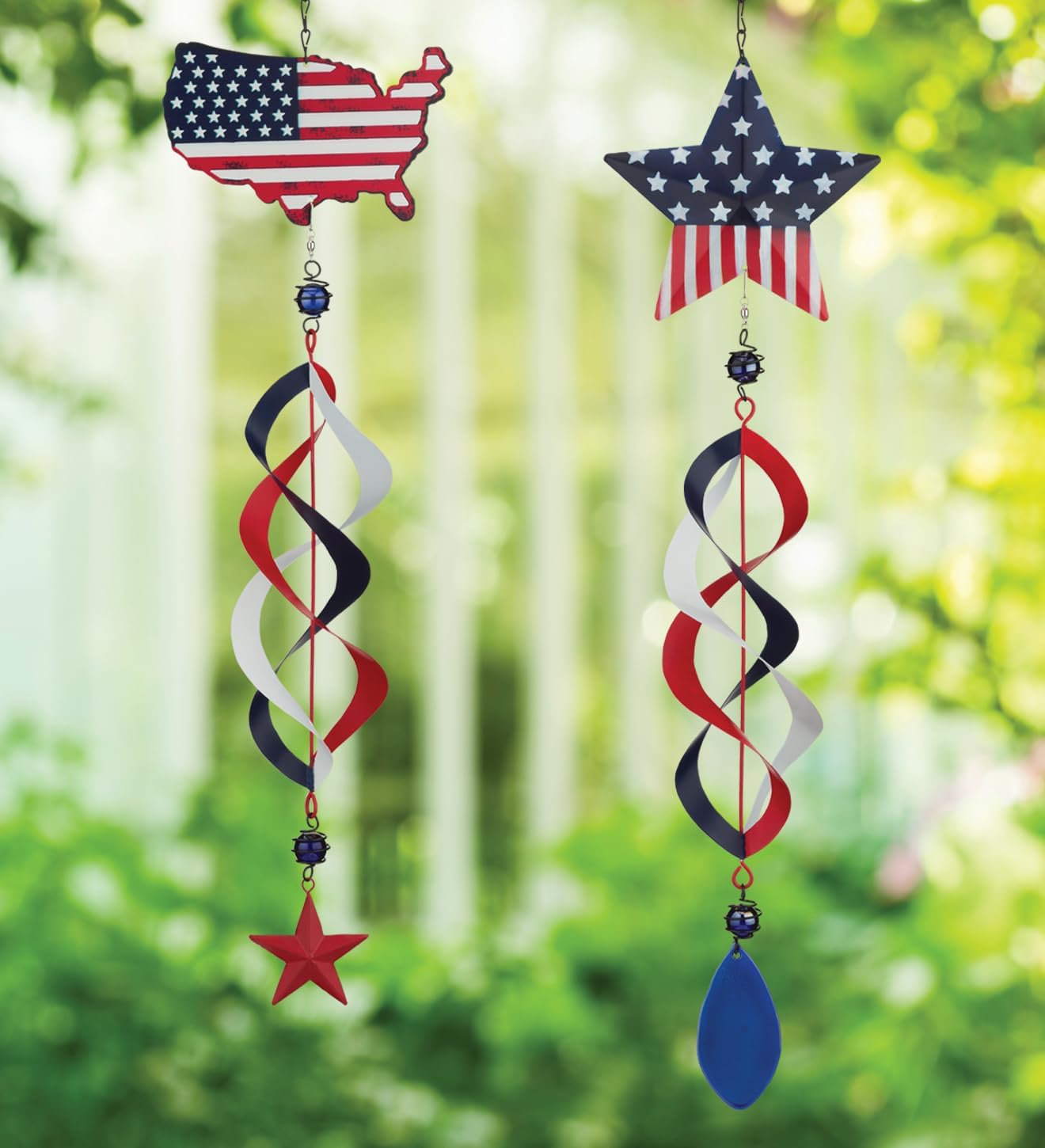 Regal Art & Gift Americana Hanging Wind Spinner Set of 2, Patriotic Kinetic Outdoor Decor, Weather-Resistant Polyester and Rubber Spiral Ornaments for Porch and Garden – 2Pc Star and Flag