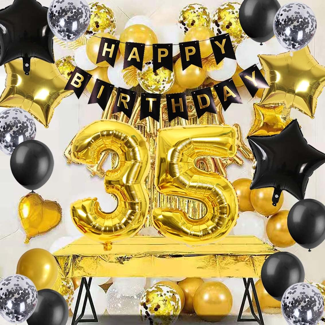 35th Birthday Balloons, Black Gold 35th Birthday Banner Large Foil Stars Confetti Balloons Decorations for Cheers to 35 Years Men Women - Image 3