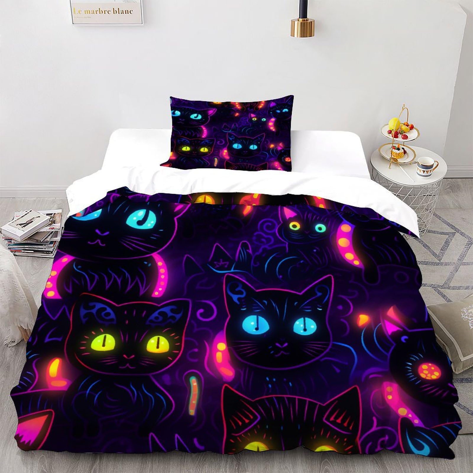 Housse de couette neon cat avec fermeture éclair pratique pour un lit impeccable