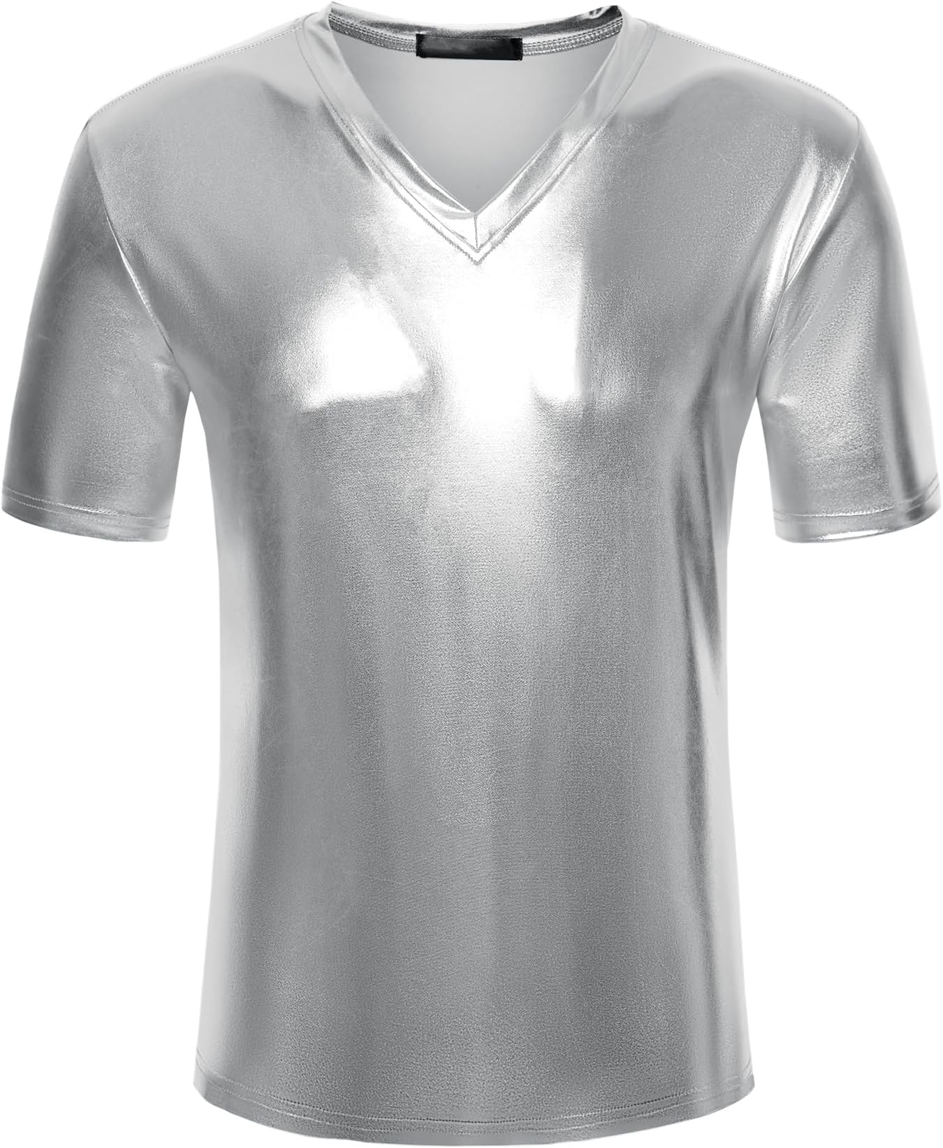Men's Metallic Shiny Nightclub V Neck Short Sleeve Slim Fit Party Disco T-Shirt