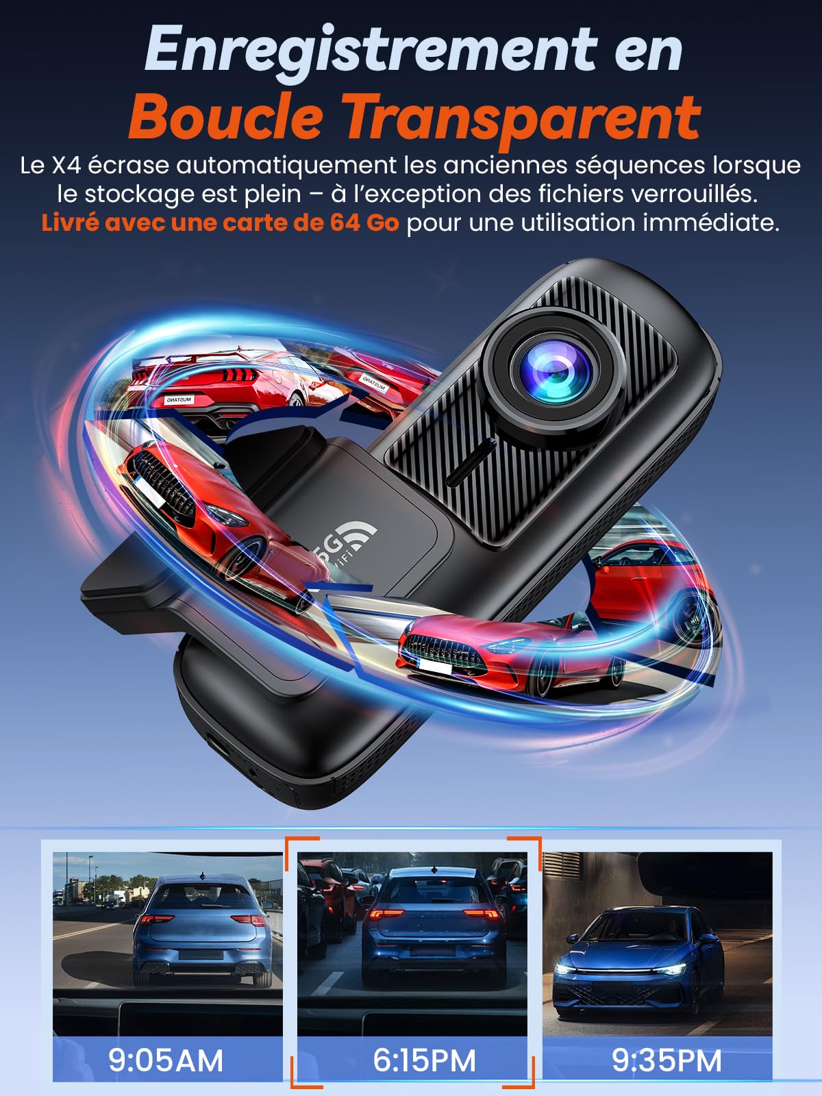 Dashcam Voiture Avant Arrière, Caméra 4K+1080P, Wi-Fi 5GHz avec Contrôle via App, Carte SD 64Go, Vision Nocturne, Stationnement 24H, Capteur G, Grand Angle 170°, WDR, Installation Facile (X4)