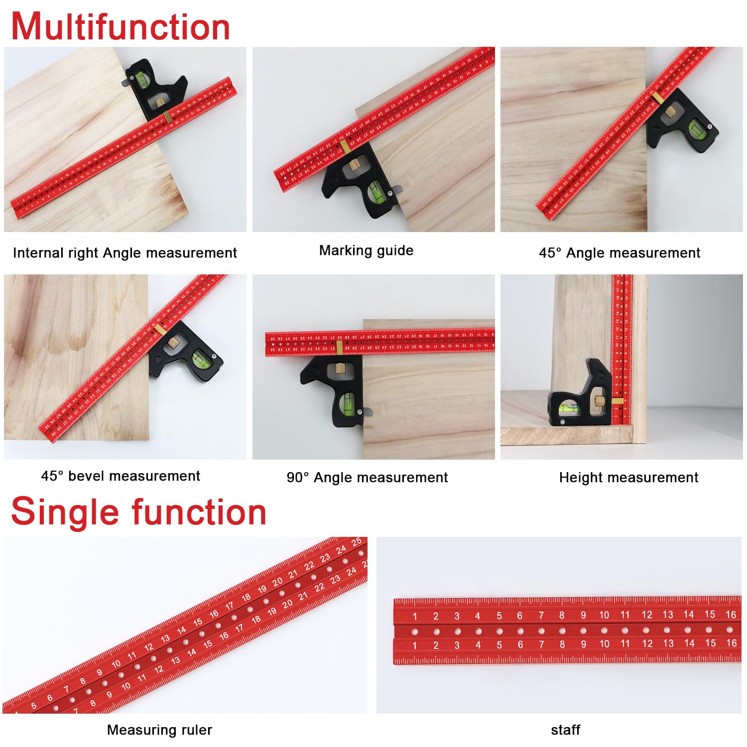 Multifunctional Combination Square Ruler, Aluminum Carpentry Square for Accurate 90/45 Degree Woodworking Combo Square Measuring Ruler for Woodworking (40CM)