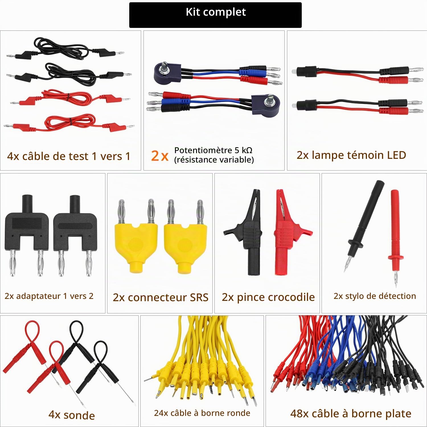 QWORK® 92 Pièces Fils de Test Multimètre Kit, Multifonctionnel Diagnostic Kit de Circuit Automobile avec Pinces Crocodile, Sondes, Bornes de Connexion