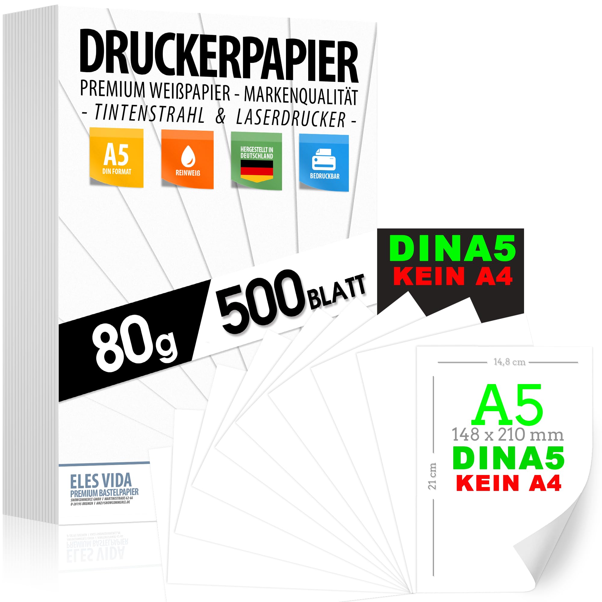 Papier do drukarek 80 g biały – DIN A5-500 arkuszy 14,8 x 21 cm – papier premium czysta biel – papier do kopiowania, drukarka laserowa i atramentowa do uniwersyteckiego, idealny do biura i